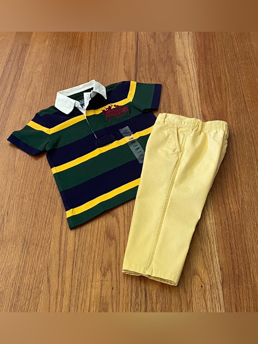 Polo by Ralph Lauren Rugby Shirt Striped Polo with Twill Yellow Pants Set